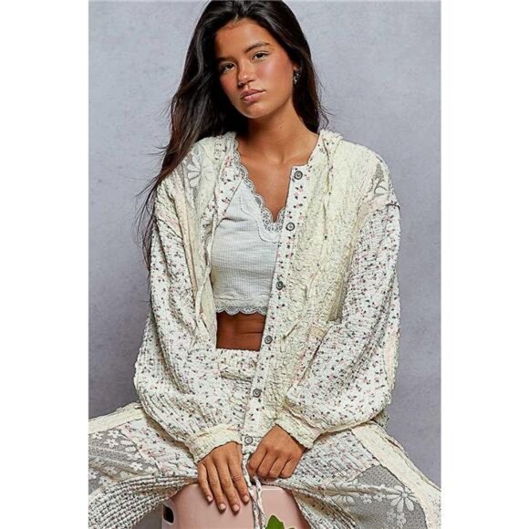 POL Floral Balloon Sleeve Hooded Lace Jacket with Stitch Detail - Picture 2 of 7